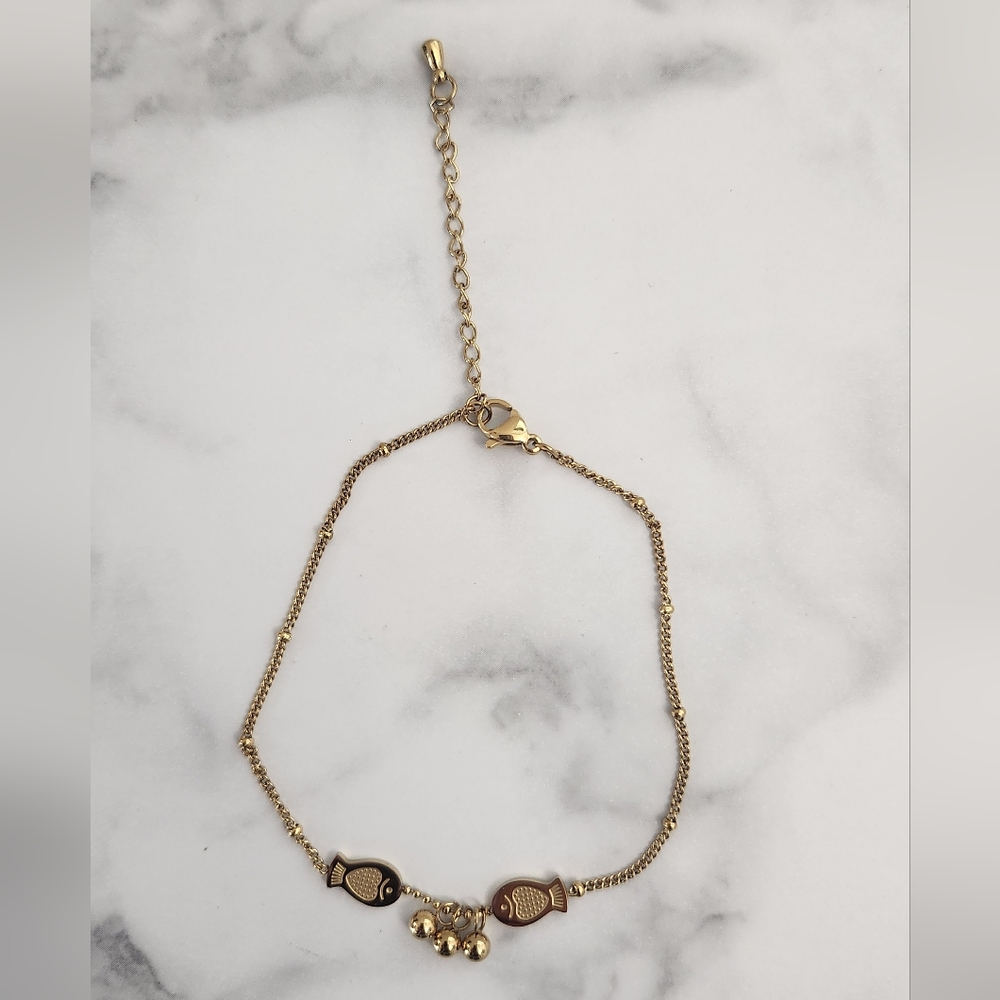 Gold Fish Anklet Bracelet with Dangle Beads Dainty Nautical Adjustable - Picture 11 of 14